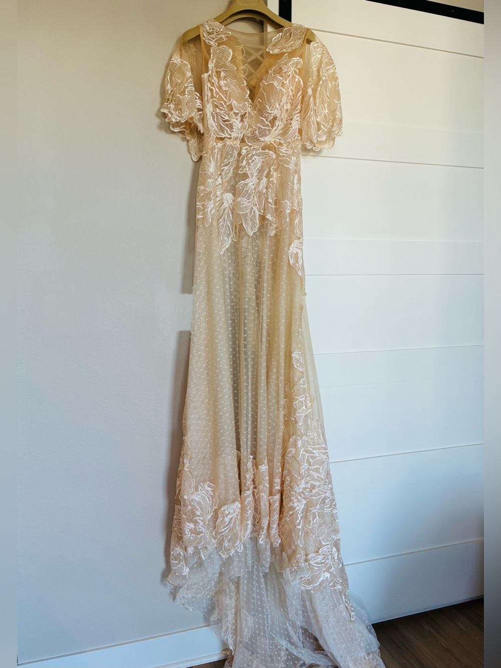 Elegant Cream Lace Sheer Gown | Romantic Champagne Lace Wedding Dress | One Size